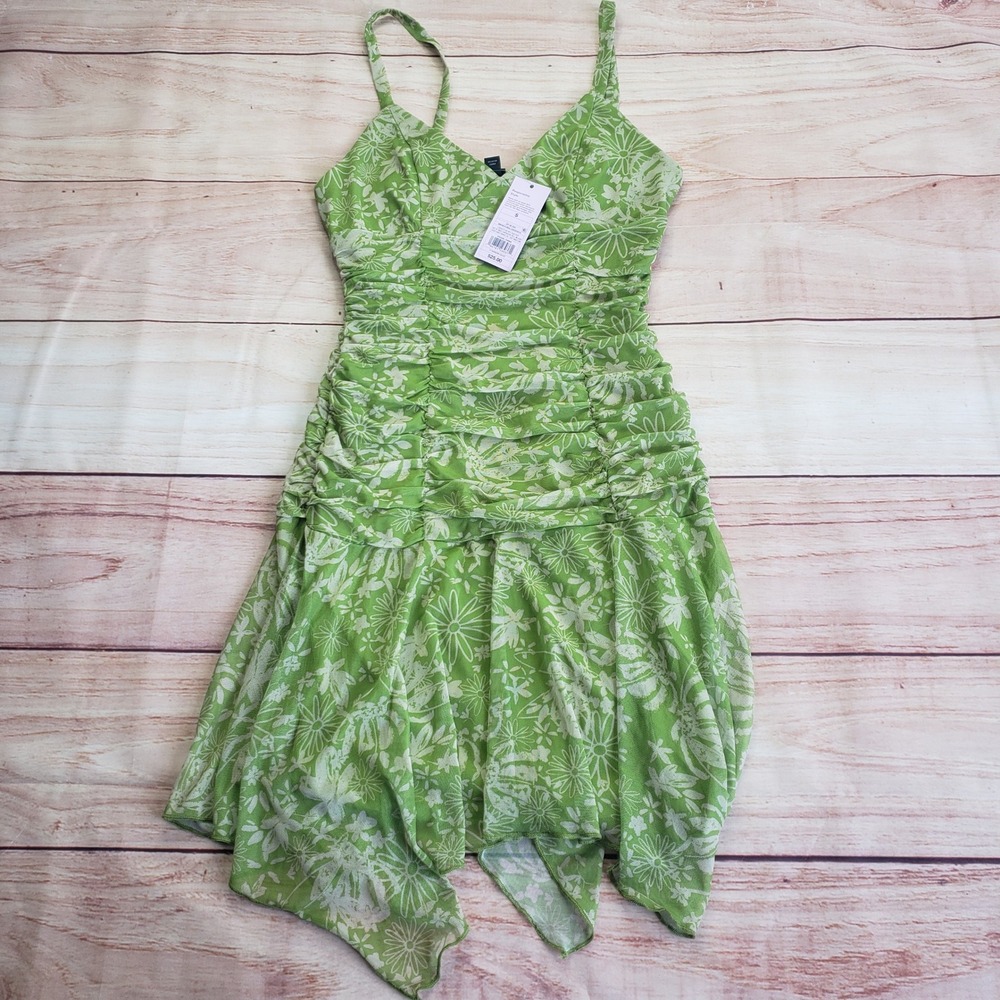 Wild Fable Handkerchief Hem Dress Womens Small Green Floral Ruched Mesh Cami NEW